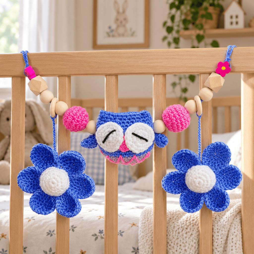 Colgante de lechuza y flores para carrito o cuna