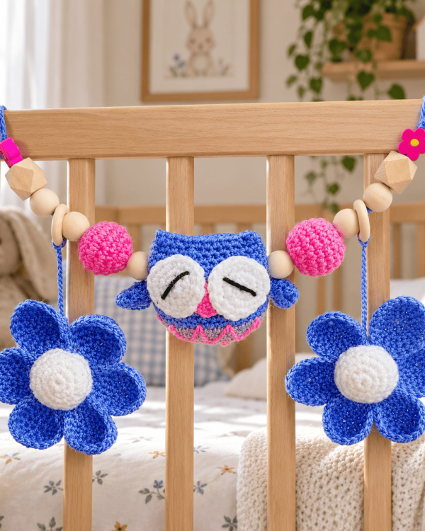 Colgante de lechuza y flores para carrito o cuna