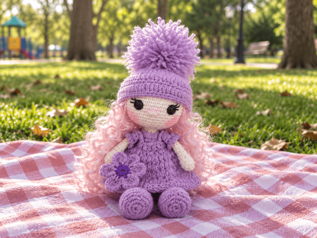 Muñeca Mayeli Lila tejida a crochet con vestido y gorro lila